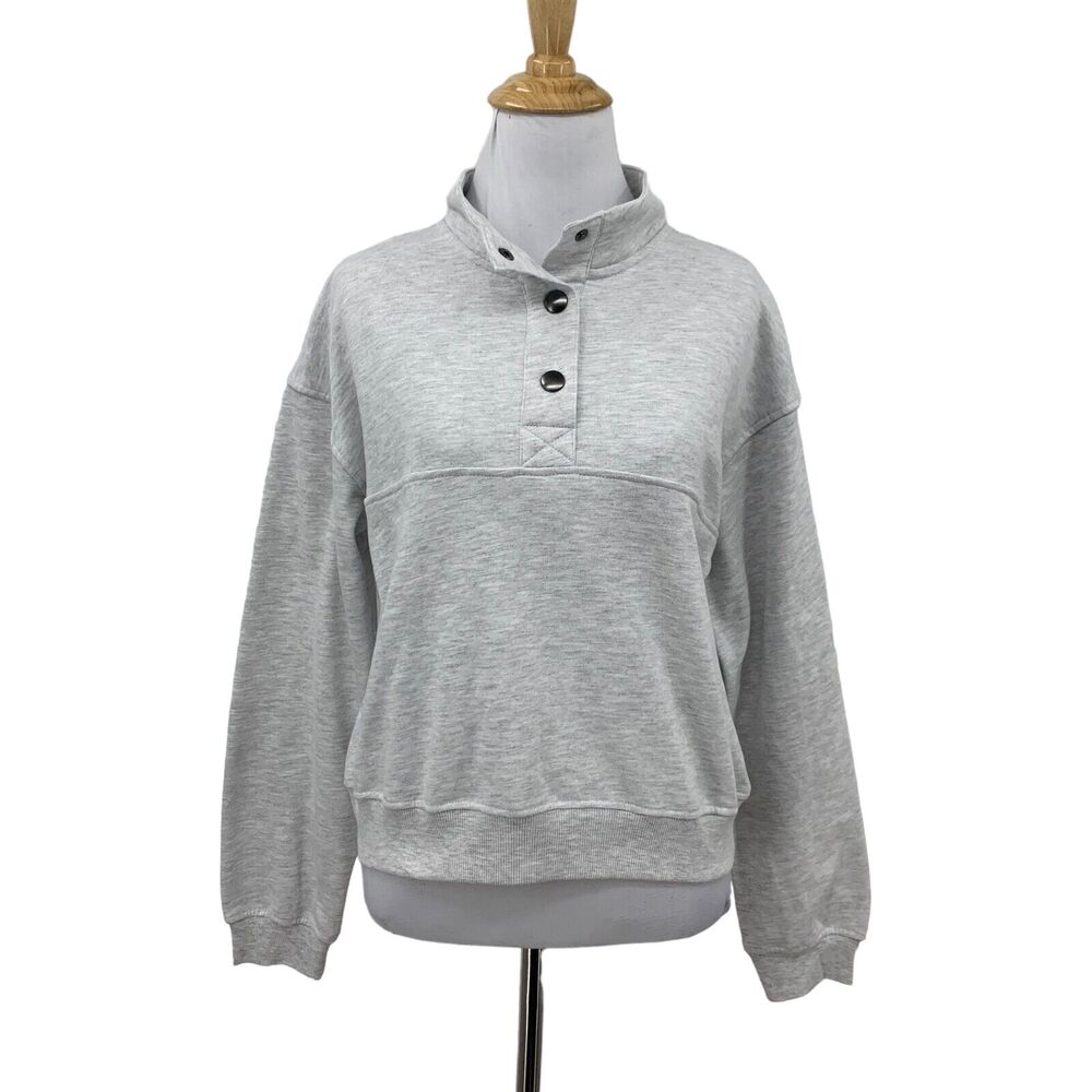 The Commons Hoodie Crop Sweater Womens L Gray Snap 1/4 Button Mock Neck Pullover